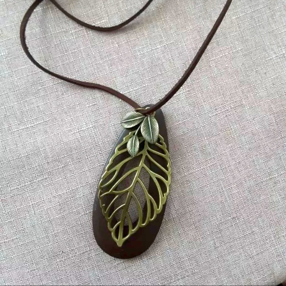 Wood & Brass Colored Leaf Pendant Necklace Adjustable Leather Cord Boho Festival